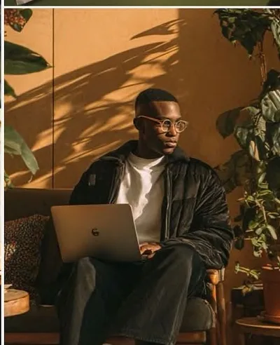 A guest working on a laptop in an armchair beside a window and plants