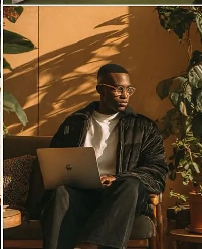 A guest working on a laptop in an armchair by a window